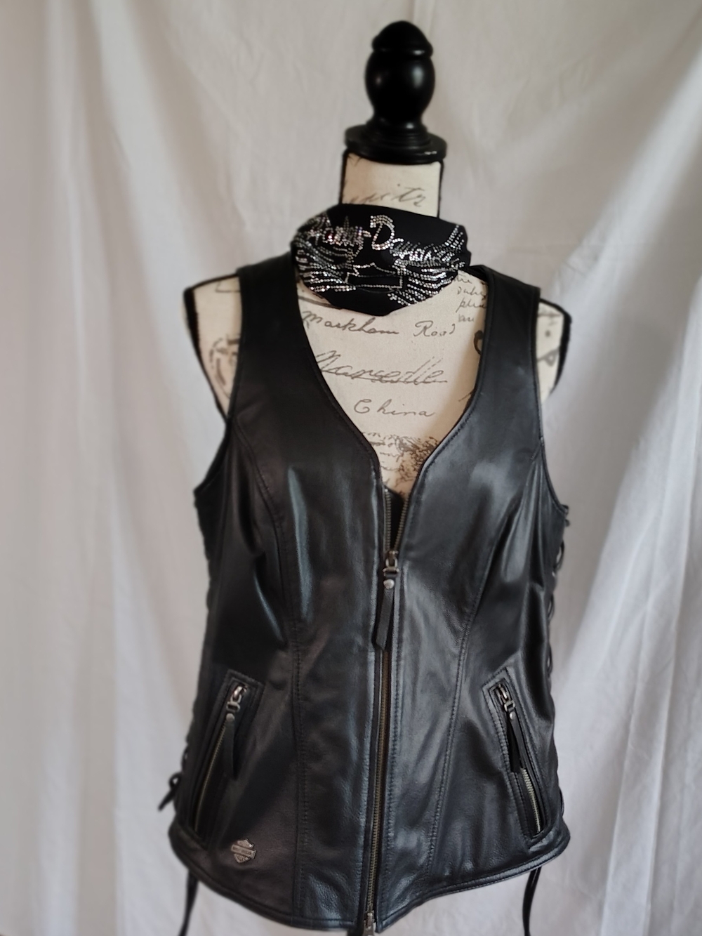 Black Ladies Harley Davidson Leather Zip-Front Biker Vest And Matching Headband - Picture 1 of 12